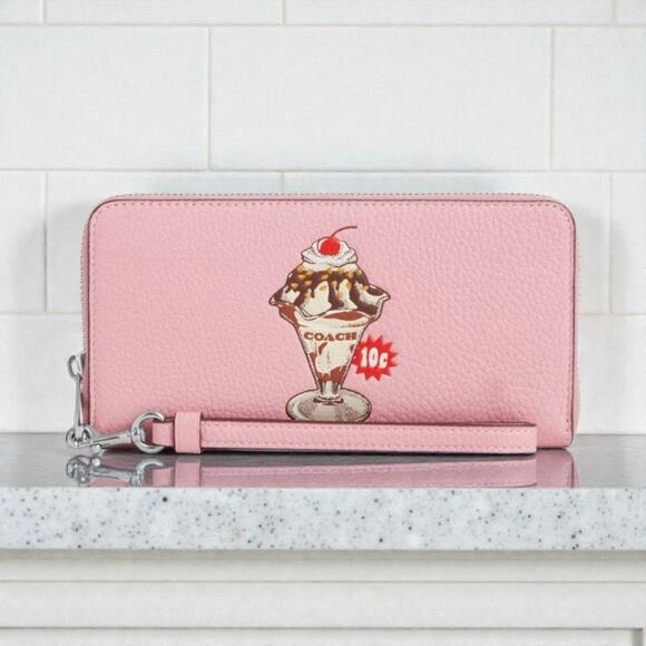 Coach Long Zip Around Pink Leather Wallet With Sundae Graphic CU380